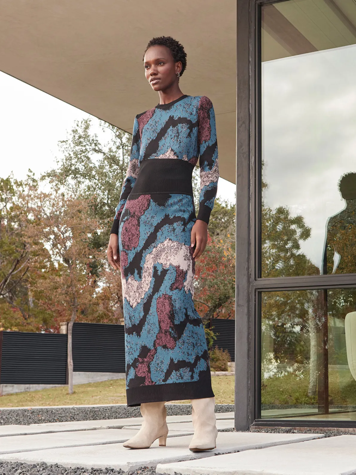 Abstract Sheath Jacquard Knit Maxi Dress