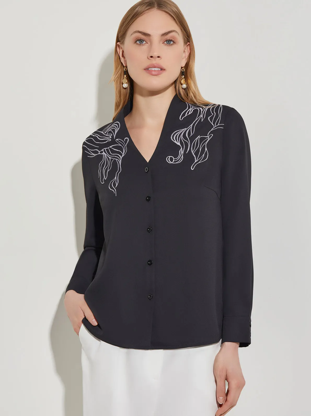 Abstract Stitch Embroidered Button-Front Crepe Blouse