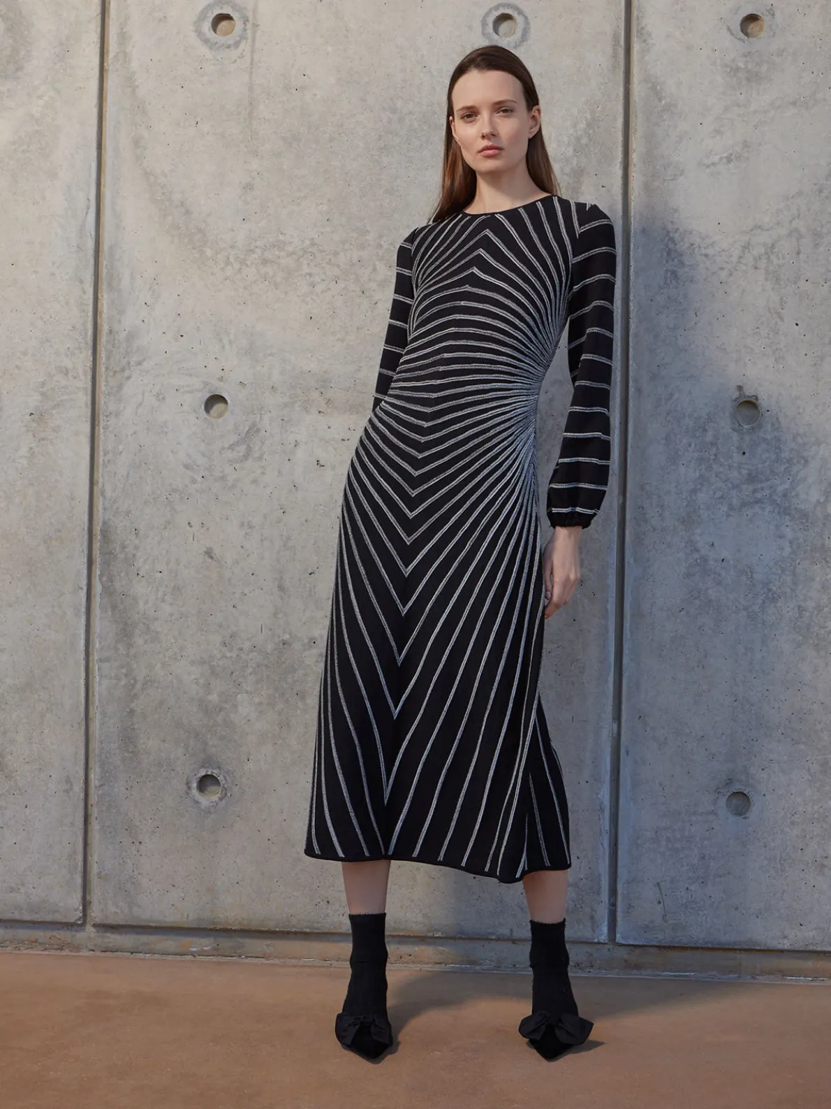 A-Line Melange Striped Soft Knit Midi Dress