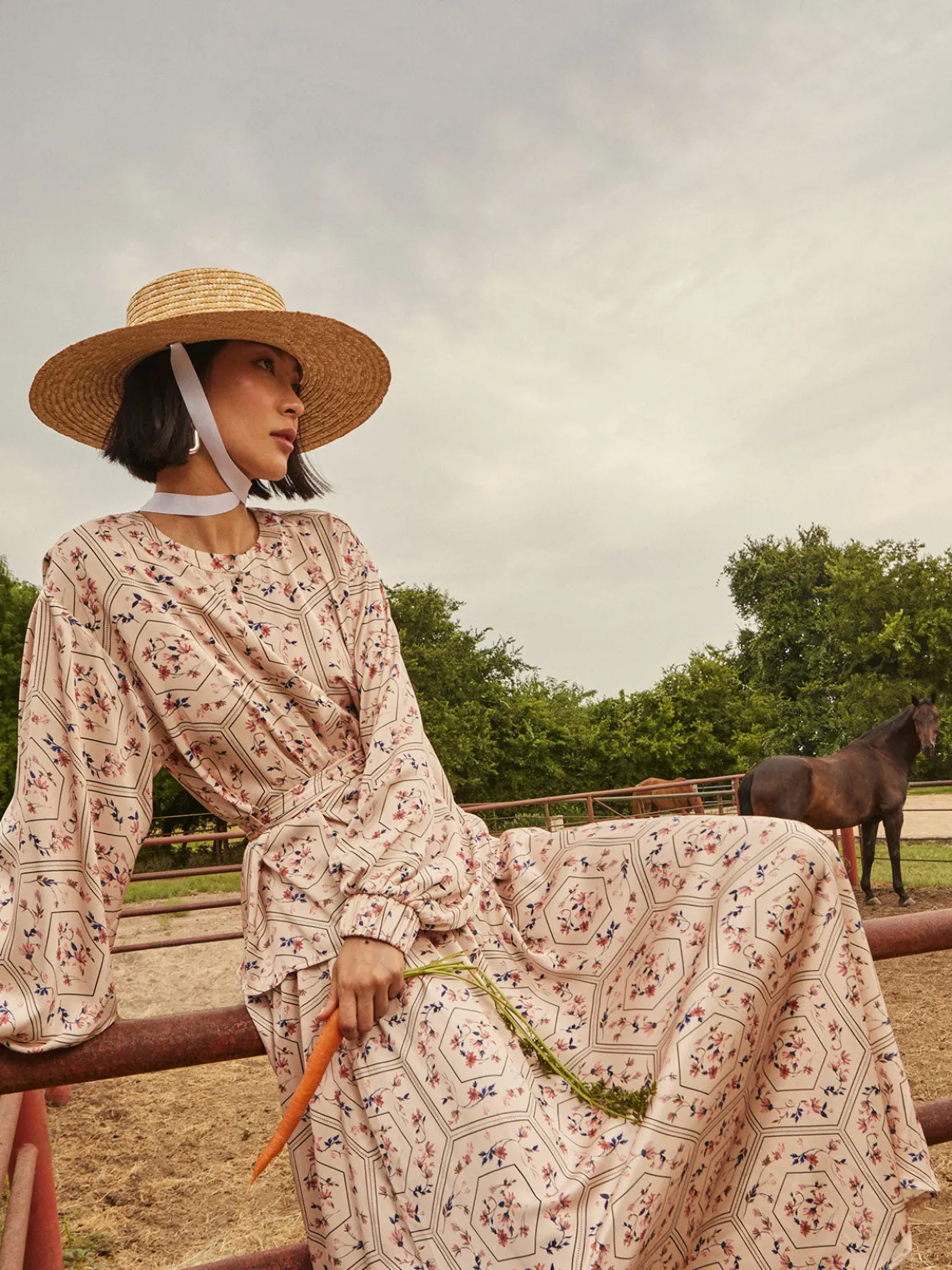 Balloon Sleeve Belted Blouse - Floral Print Crepe de Chine