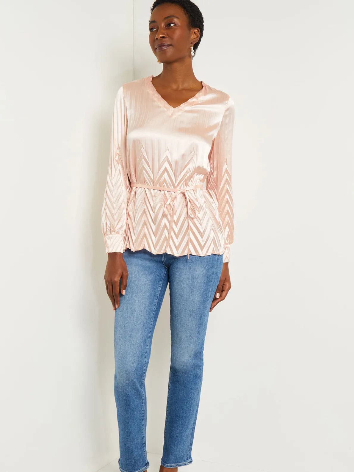 Belted Blouse - Chevron Textured Crepe de Chine