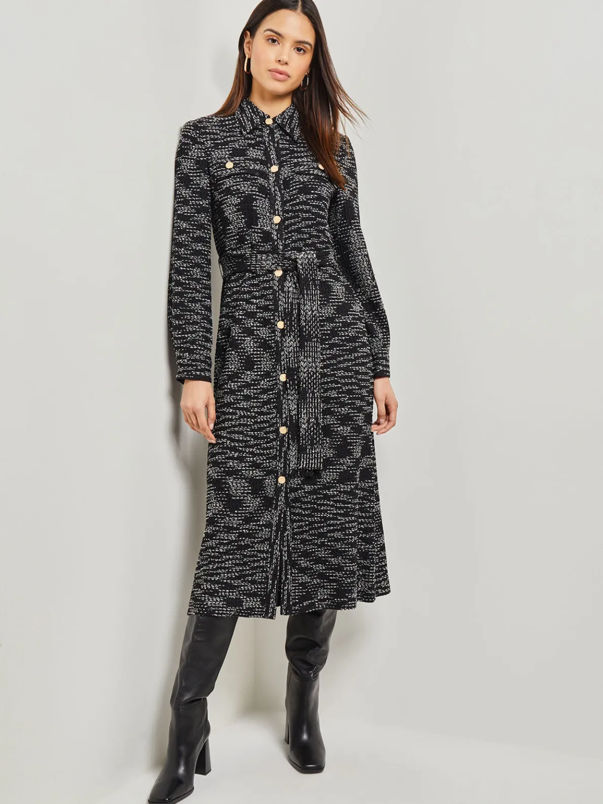 Belted Button Front Tweed Knit Midi Dress