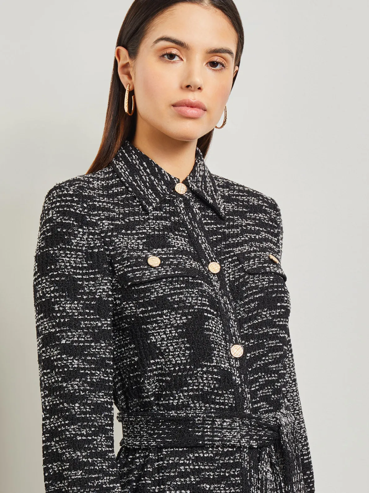 Belted Button Front Tweed Knit Midi Dress