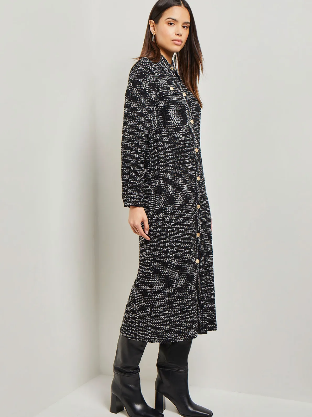 Belted Button Front Tweed Knit Midi Dress