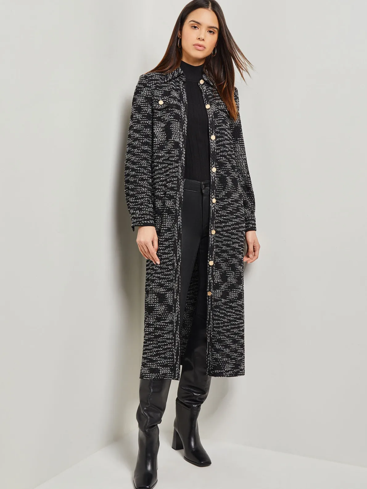 Belted Button Front Tweed Knit Midi Dress