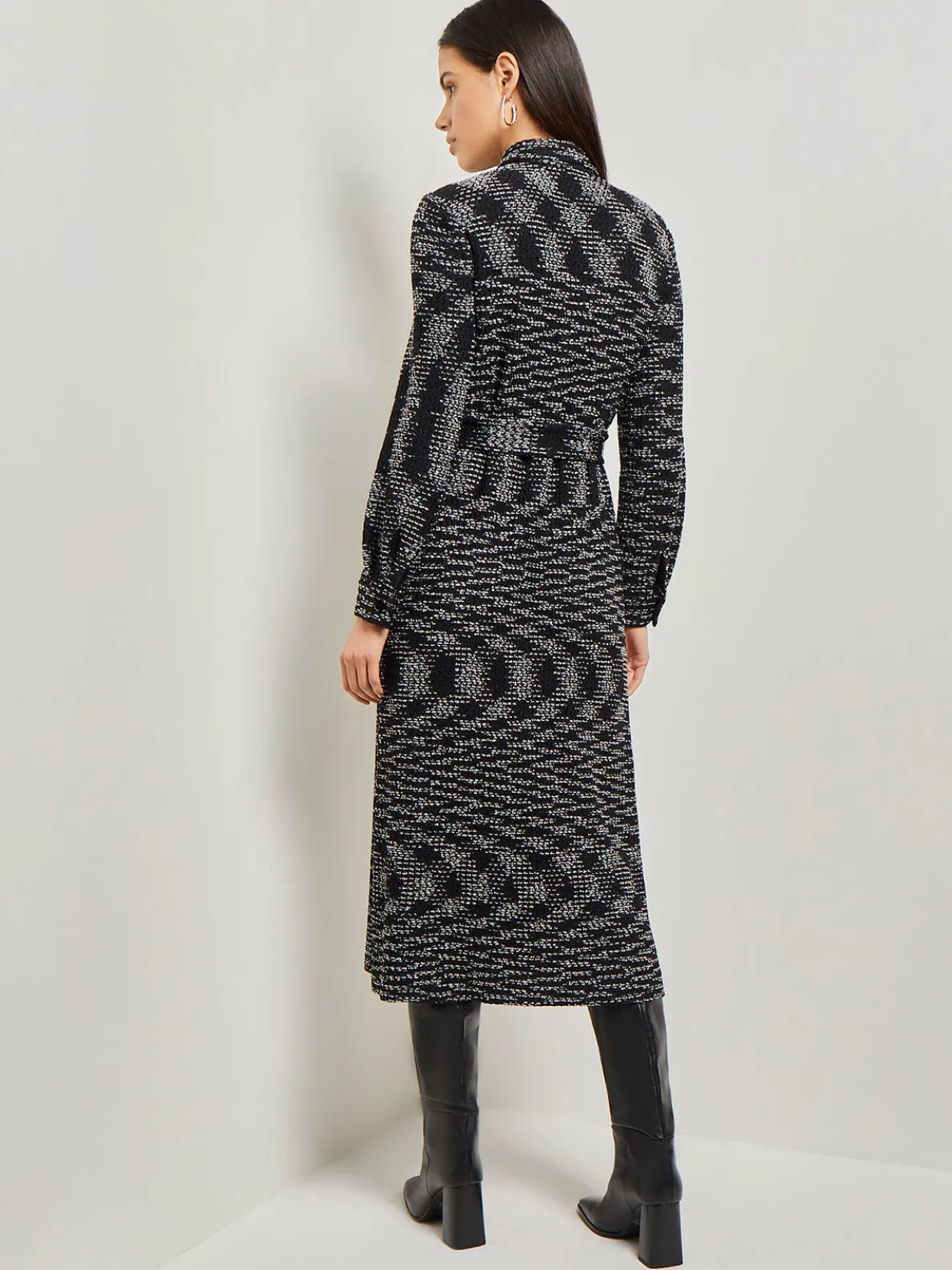 Belted Button Front Tweed Knit Midi Dress
