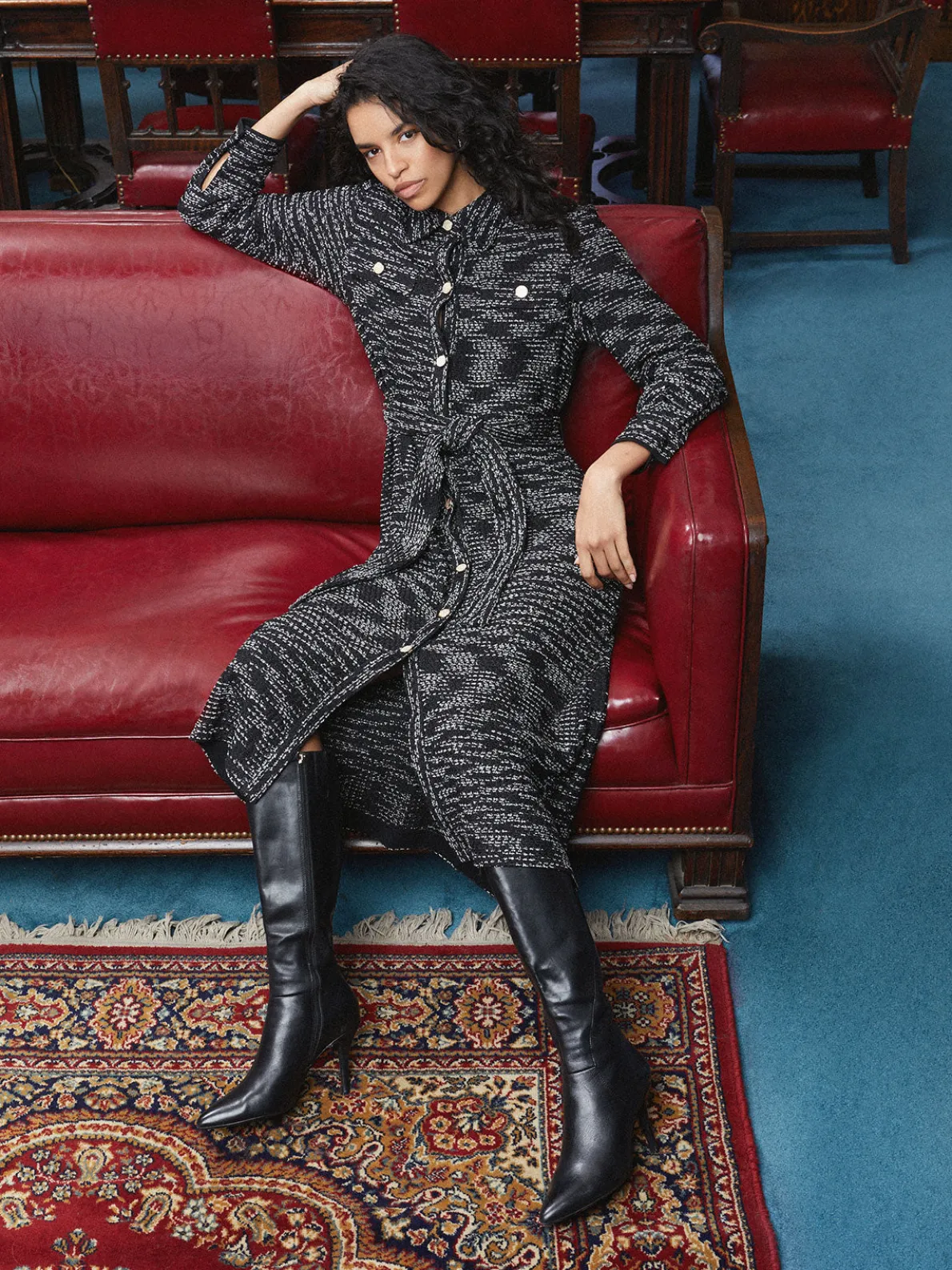 Belted Button Front Tweed Knit Midi Dress