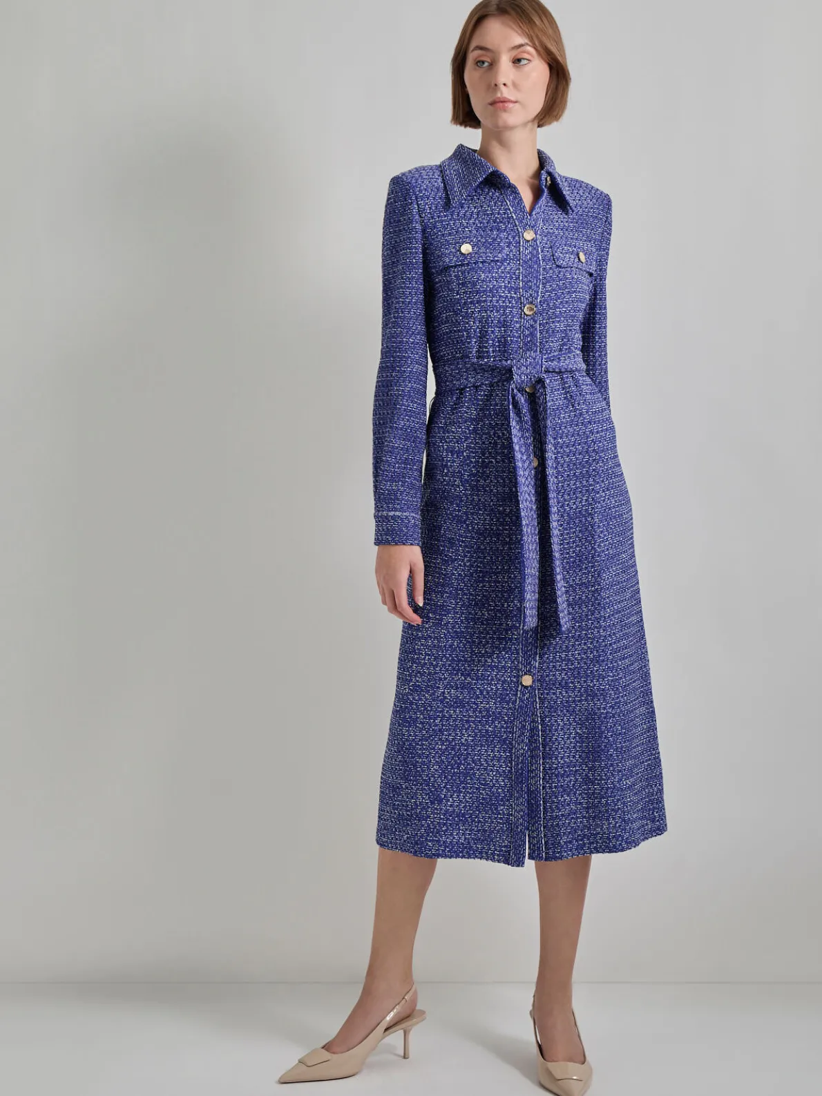 Belted Button Front Tweed Knit Midi Dress