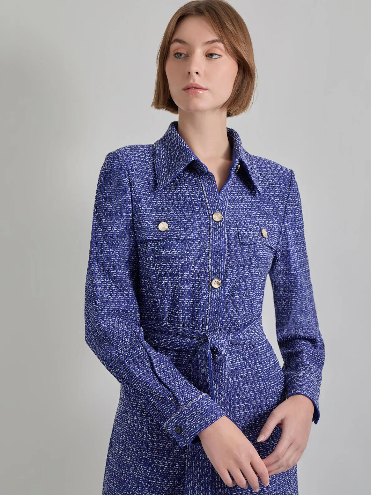 Belted Button Front Tweed Knit Midi Dress