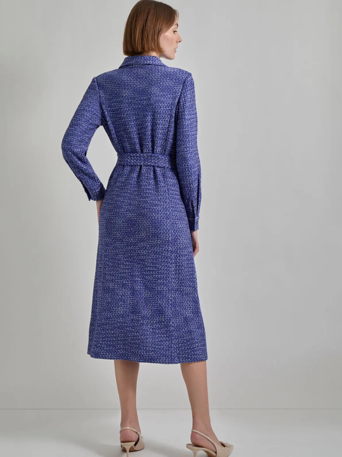 Belted Button Front Tweed Knit Midi Dress