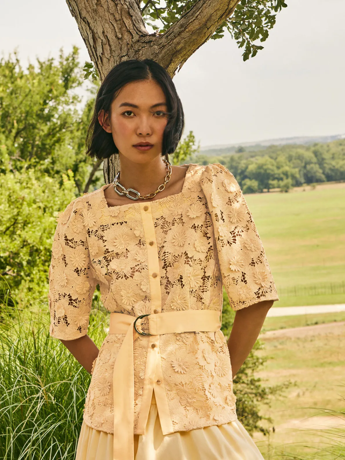 Belted Button Front Blouse - Floral Applique Woven