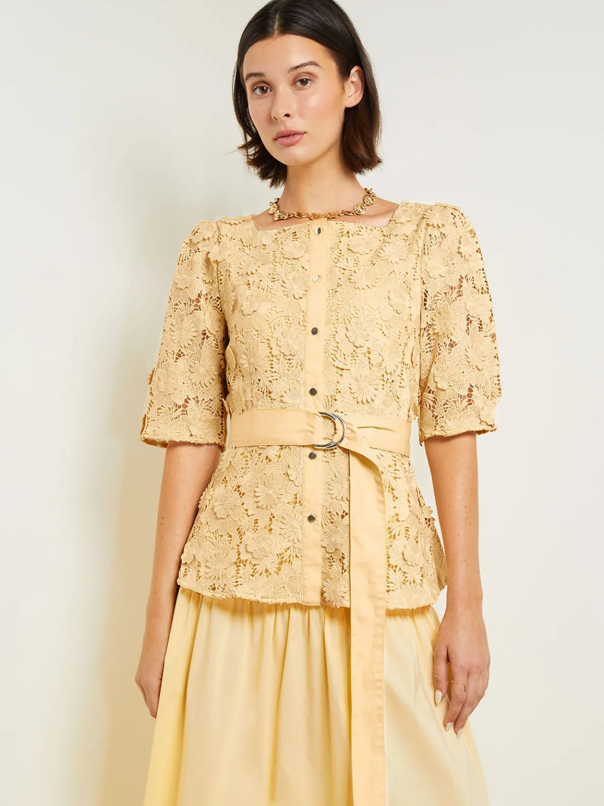 Belted Button Front Blouse - Floral Applique Woven