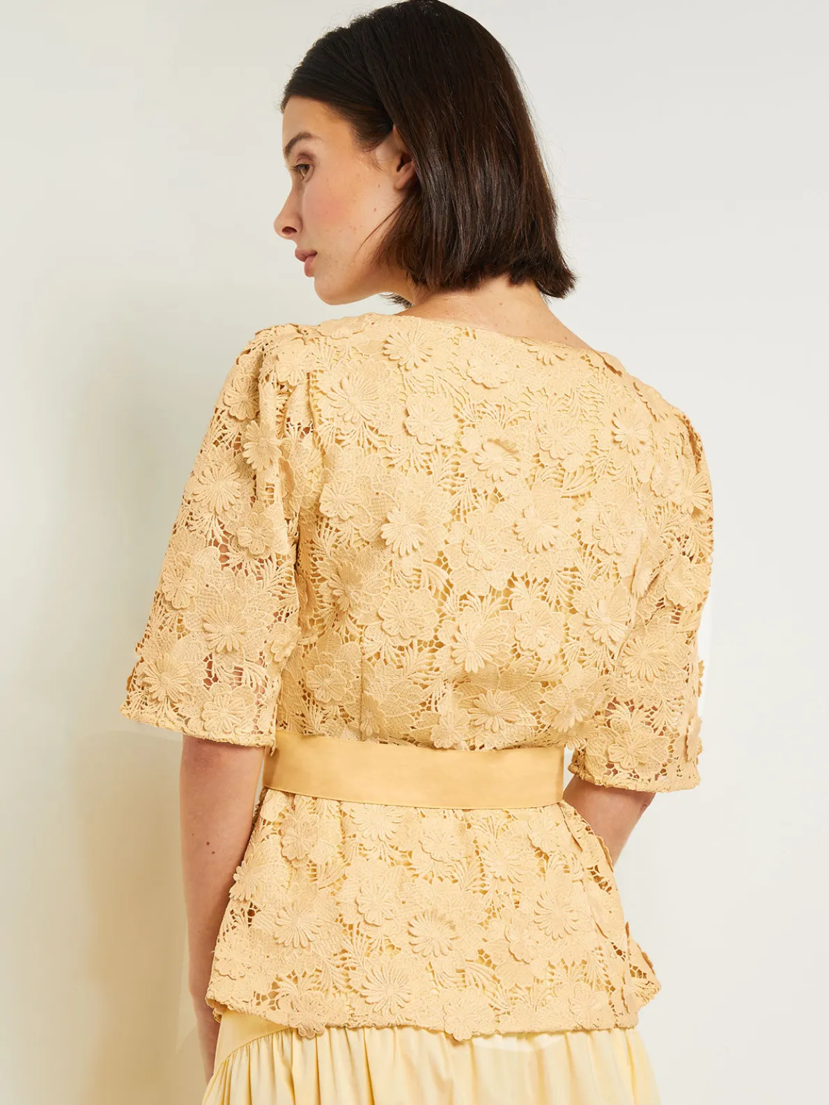 Belted Button Front Blouse - Floral Applique Woven