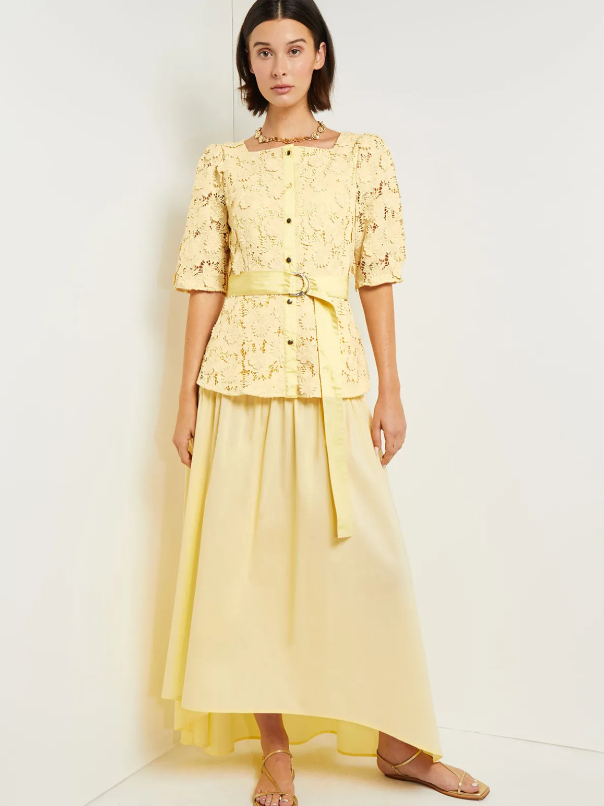 Belted Button Front Blouse - Floral Applique Woven