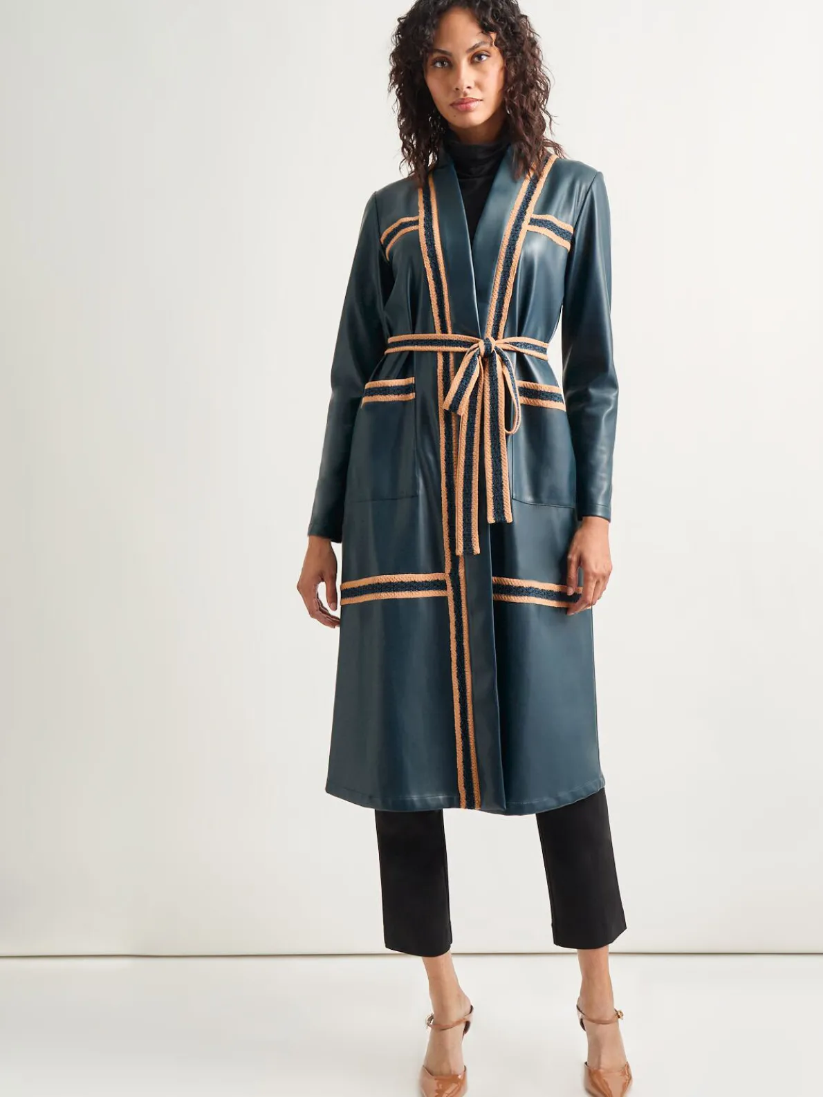 Belted Long Vegan Leather Jacket