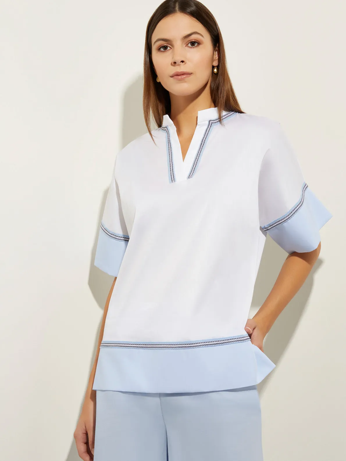 Blouse White Cotton - Split Neck Blouse | Misook
