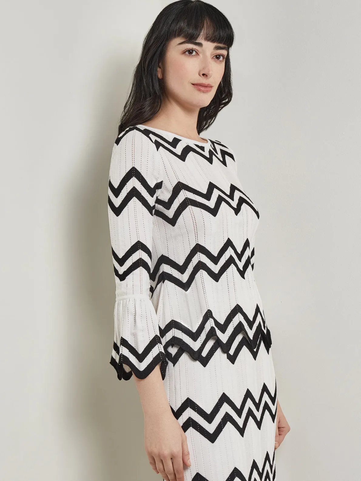 Boat Neck Tunic - Contrast Chevron Pointelle Soft Knit