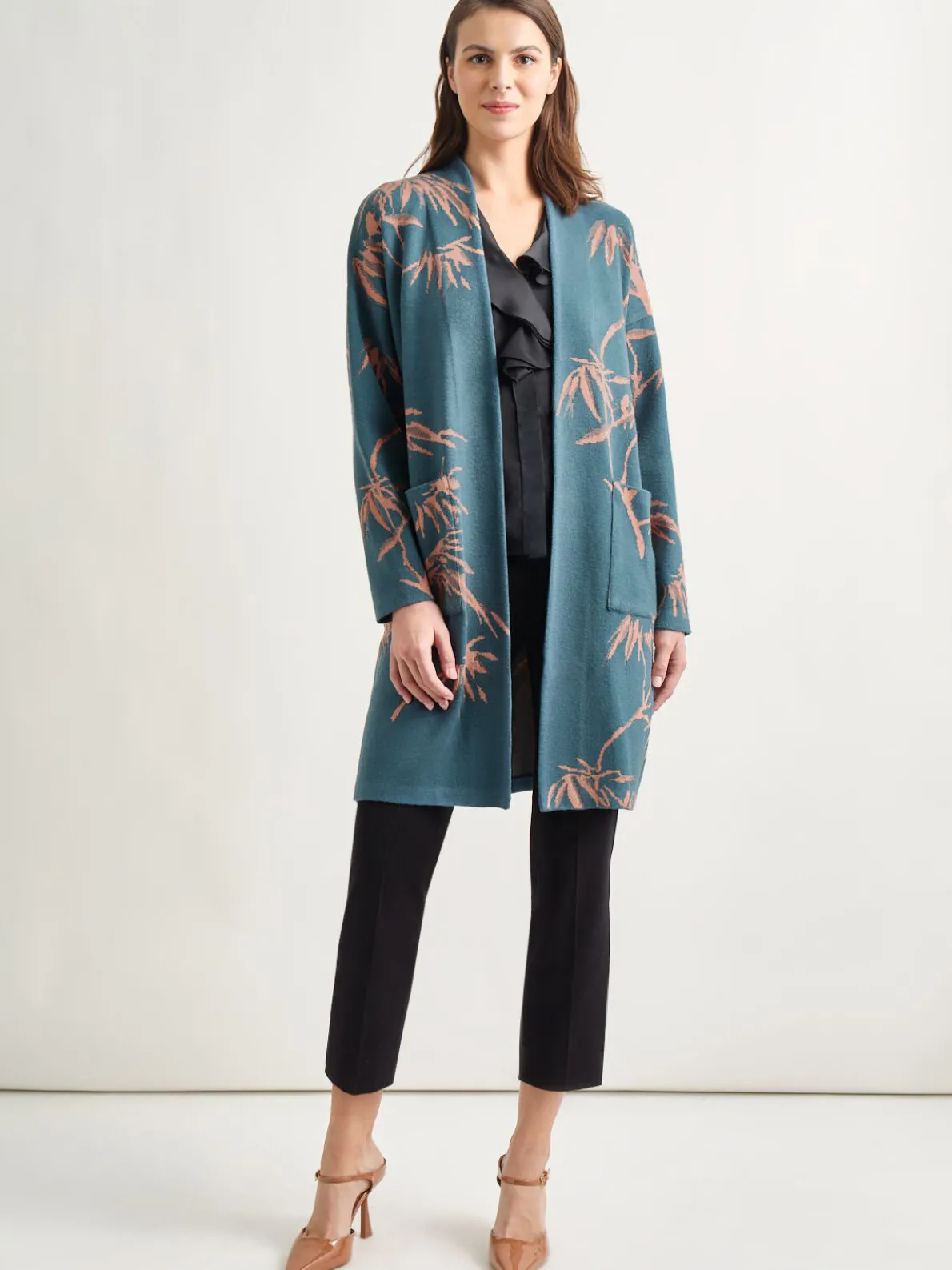 Botanical Print Open Front Long Jacquard Knit Jacket