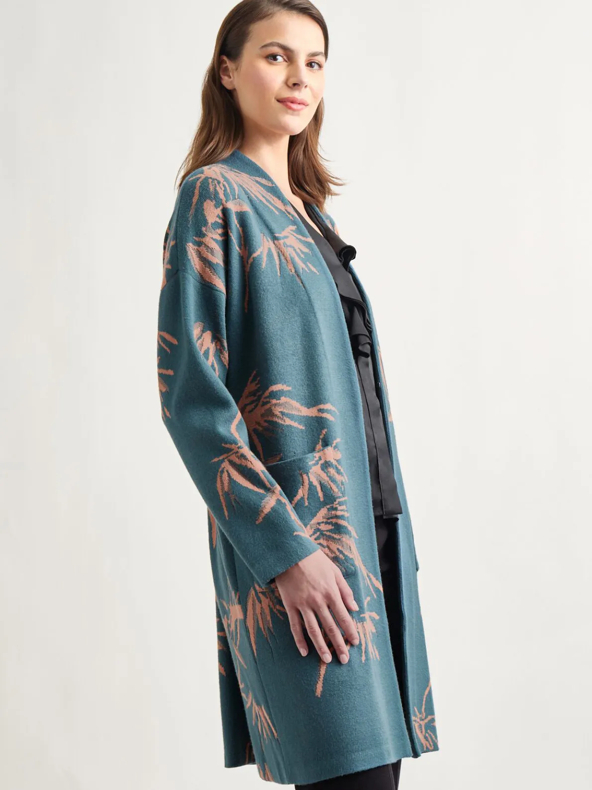 Botanical Print Open Front Long Jacquard Knit Jacket