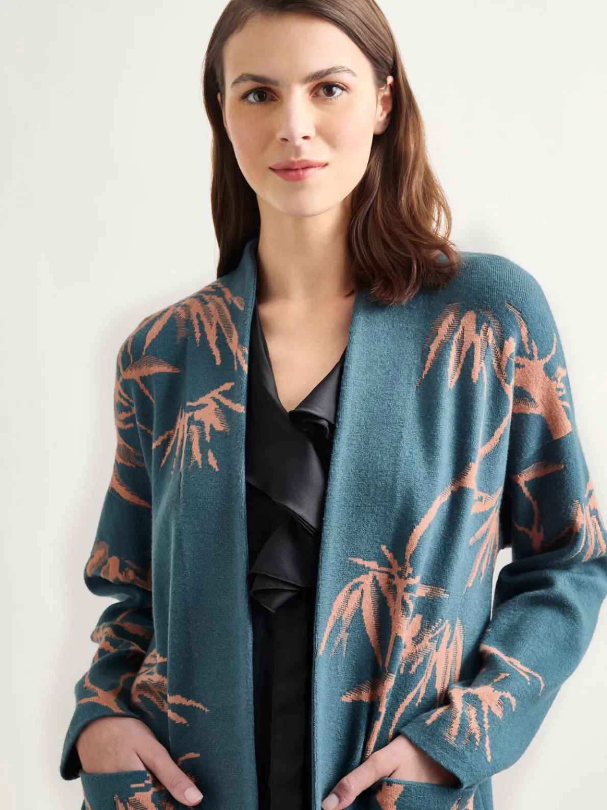 Botanical Print Open Front Long Jacquard Knit Jacket