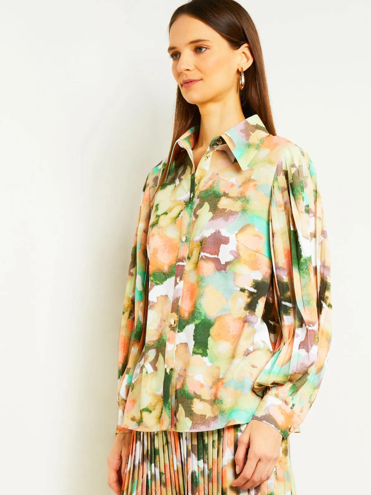 Button Front Blouse - Balloon Sleeve Watercolor Woven