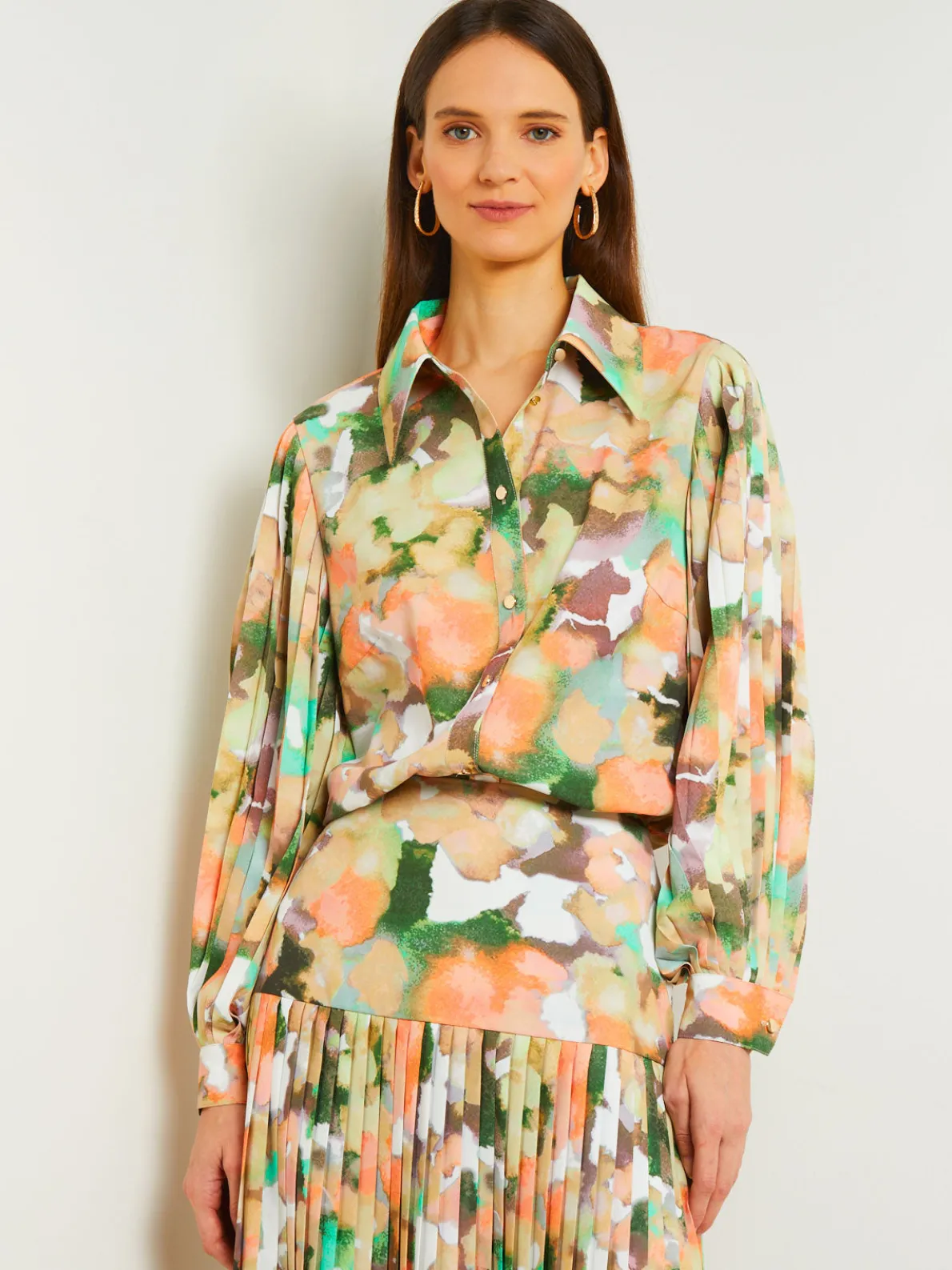 Button Front Blouse - Balloon Sleeve Watercolor Woven