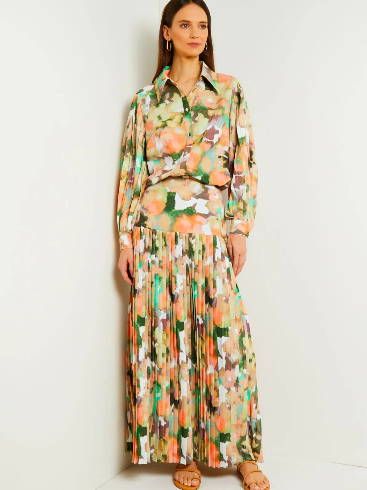 Button Front Blouse - Balloon Sleeve Watercolor Woven