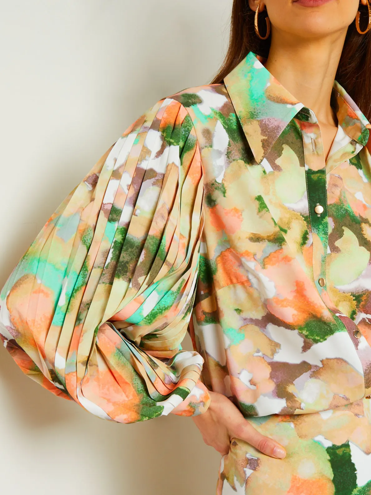 Button Front Blouse - Balloon Sleeve Watercolor Woven
