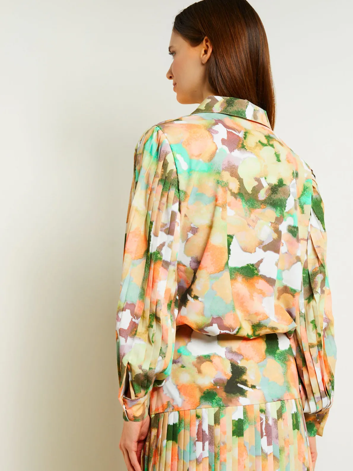 Button Front Blouse - Balloon Sleeve Watercolor Woven