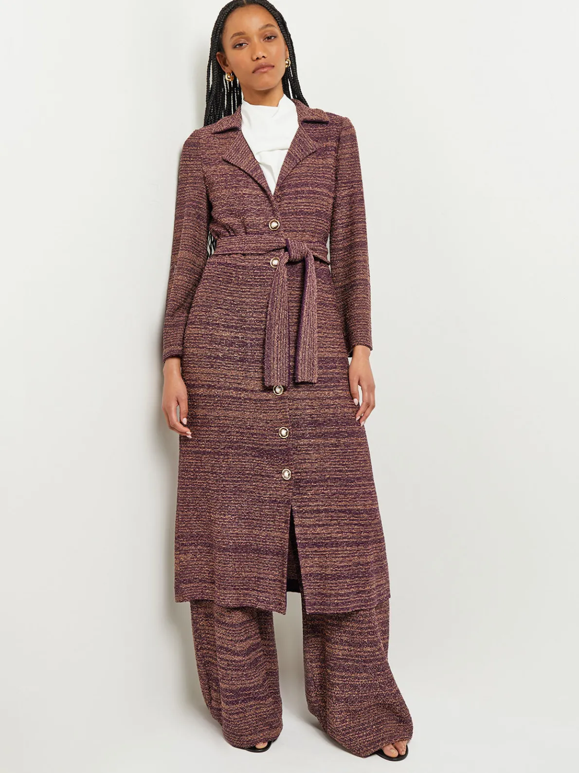 Button Front Duster - Belted Tweed Knit