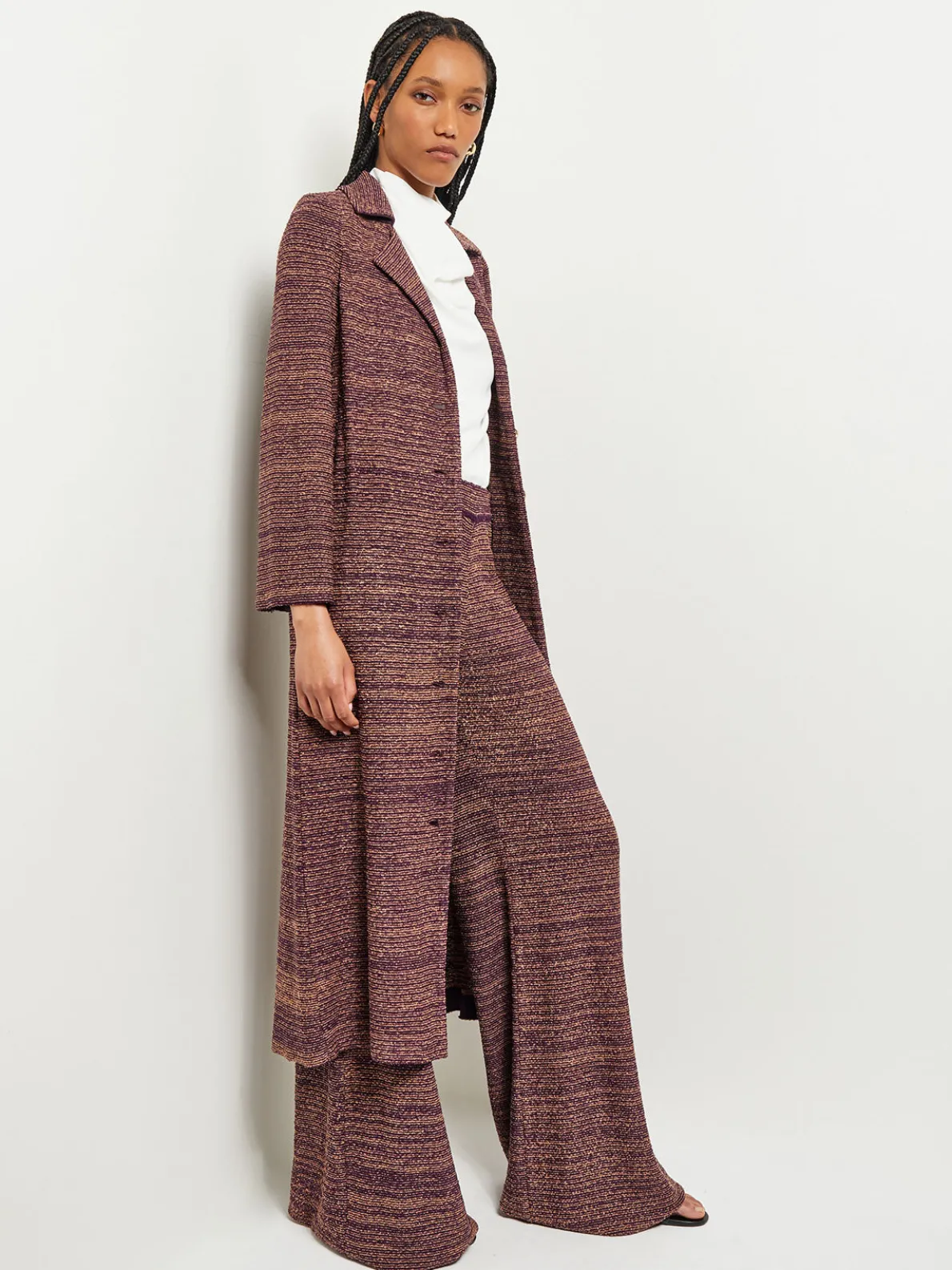 Button Front Duster - Belted Tweed Knit