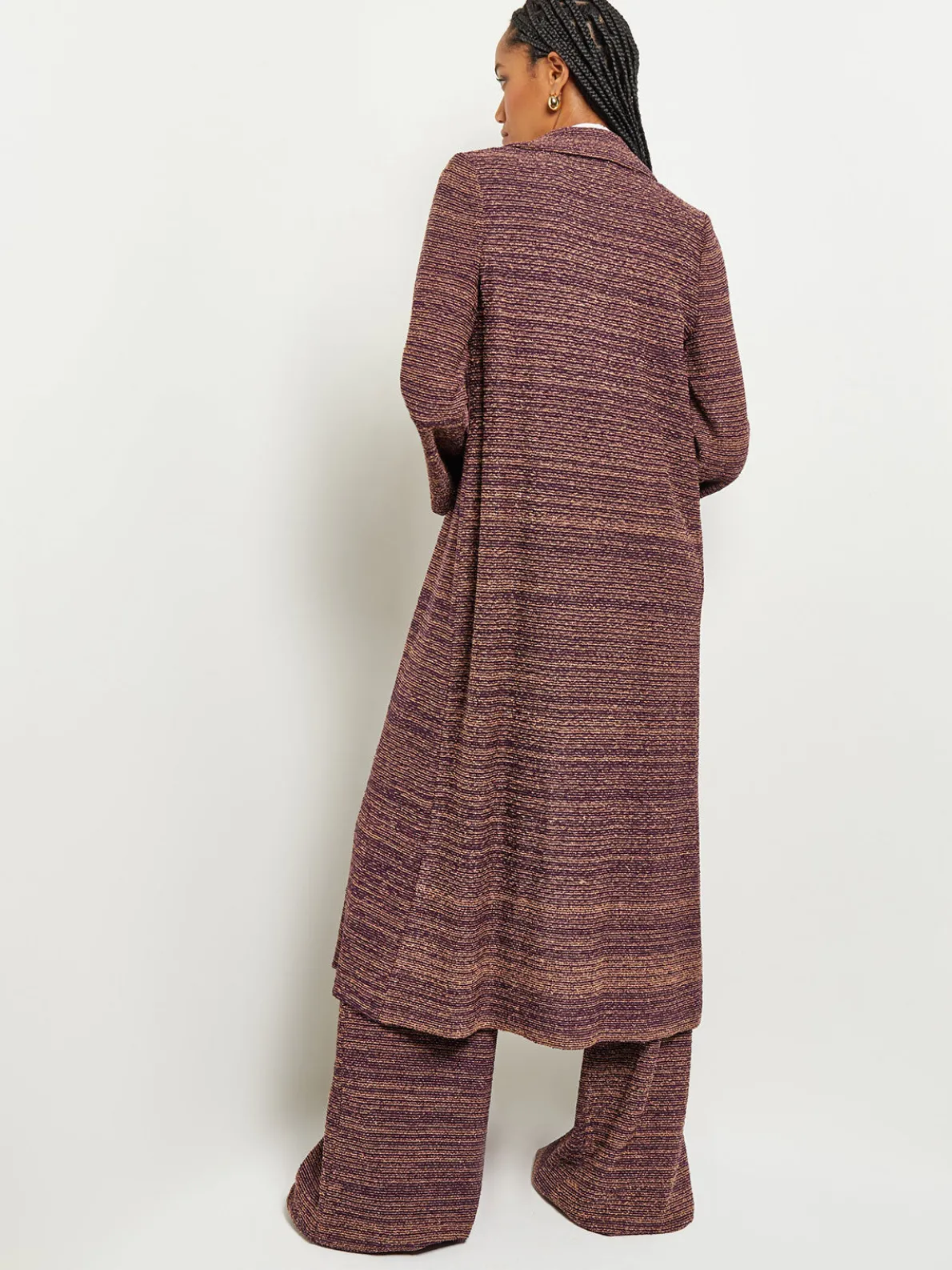Button Front Duster - Belted Tweed Knit