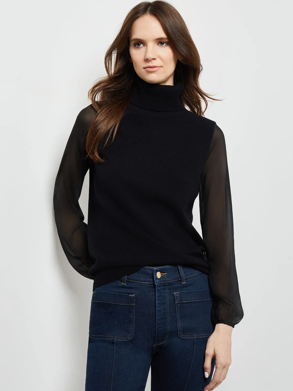 Chiffon Sleeve Cashmere Turtleneck
