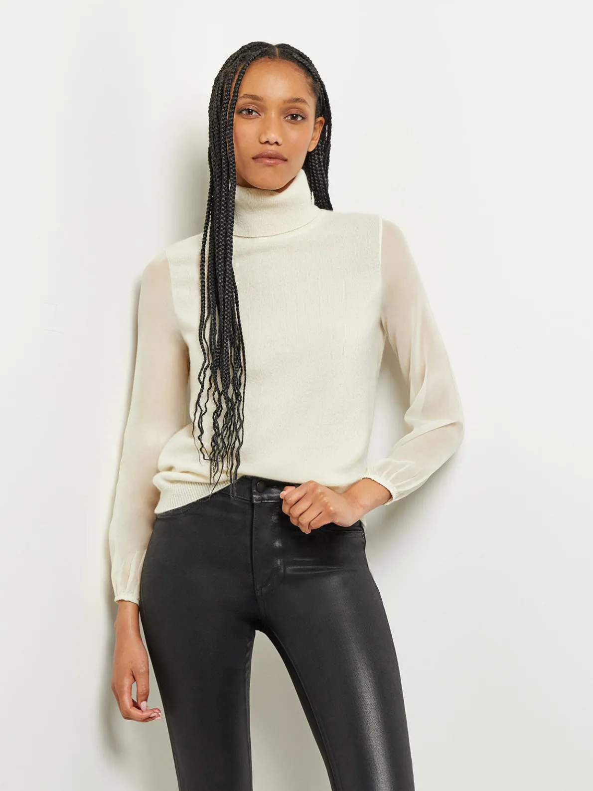 Chiffon Sleeve Cashmere Turtleneck