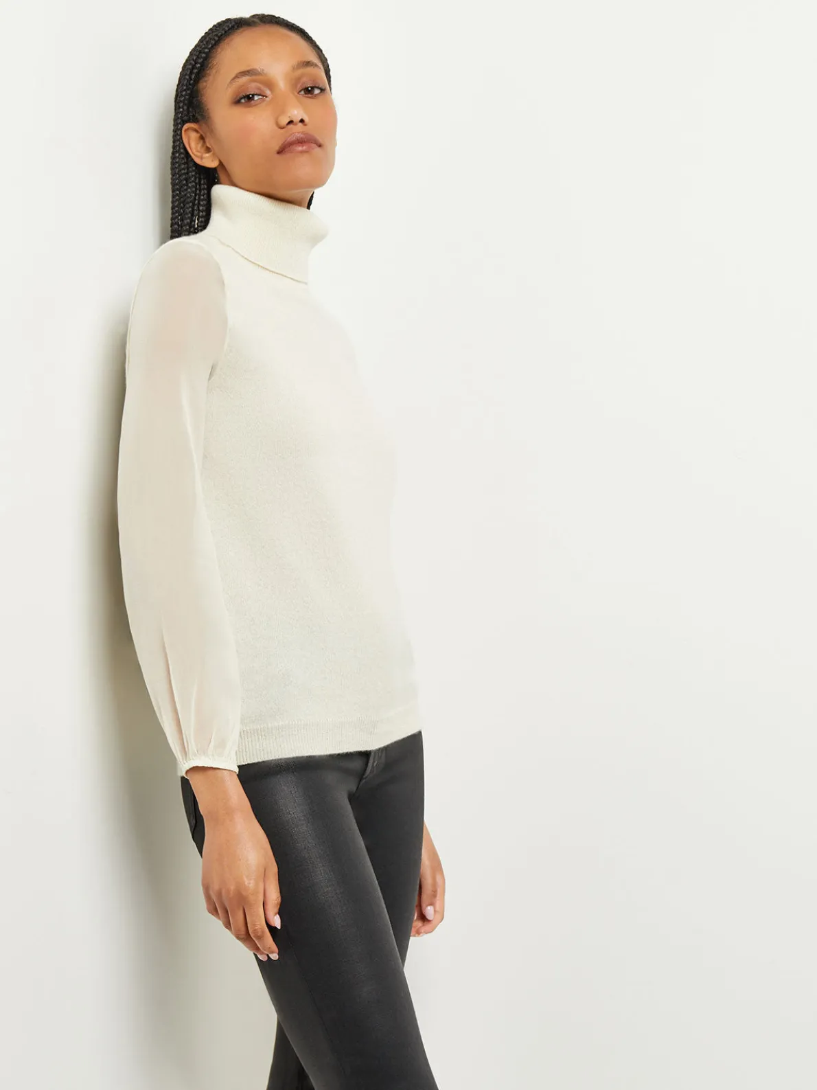 Chiffon Sleeve Cashmere Turtleneck