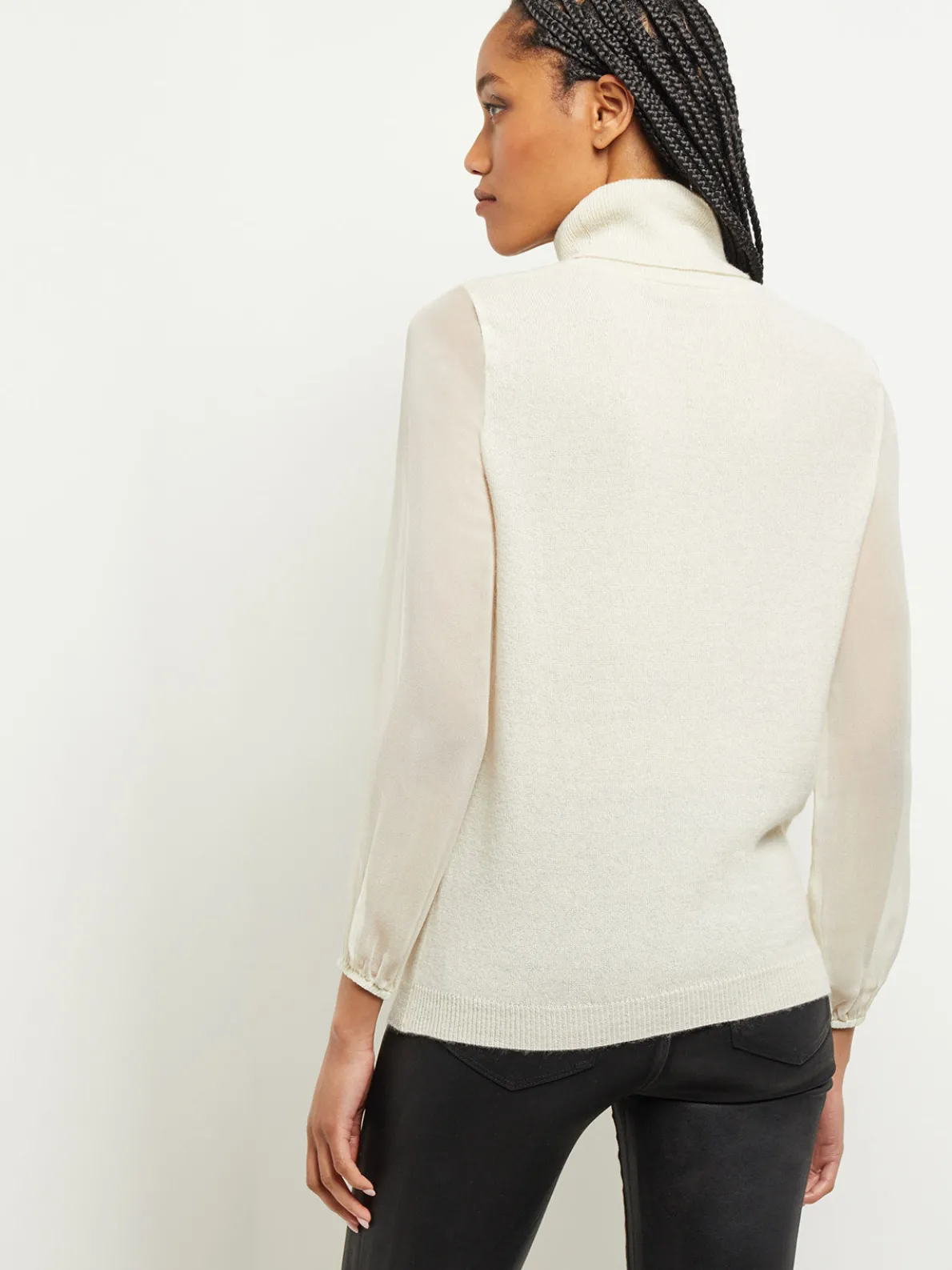Chiffon Sleeve Cashmere Turtleneck
