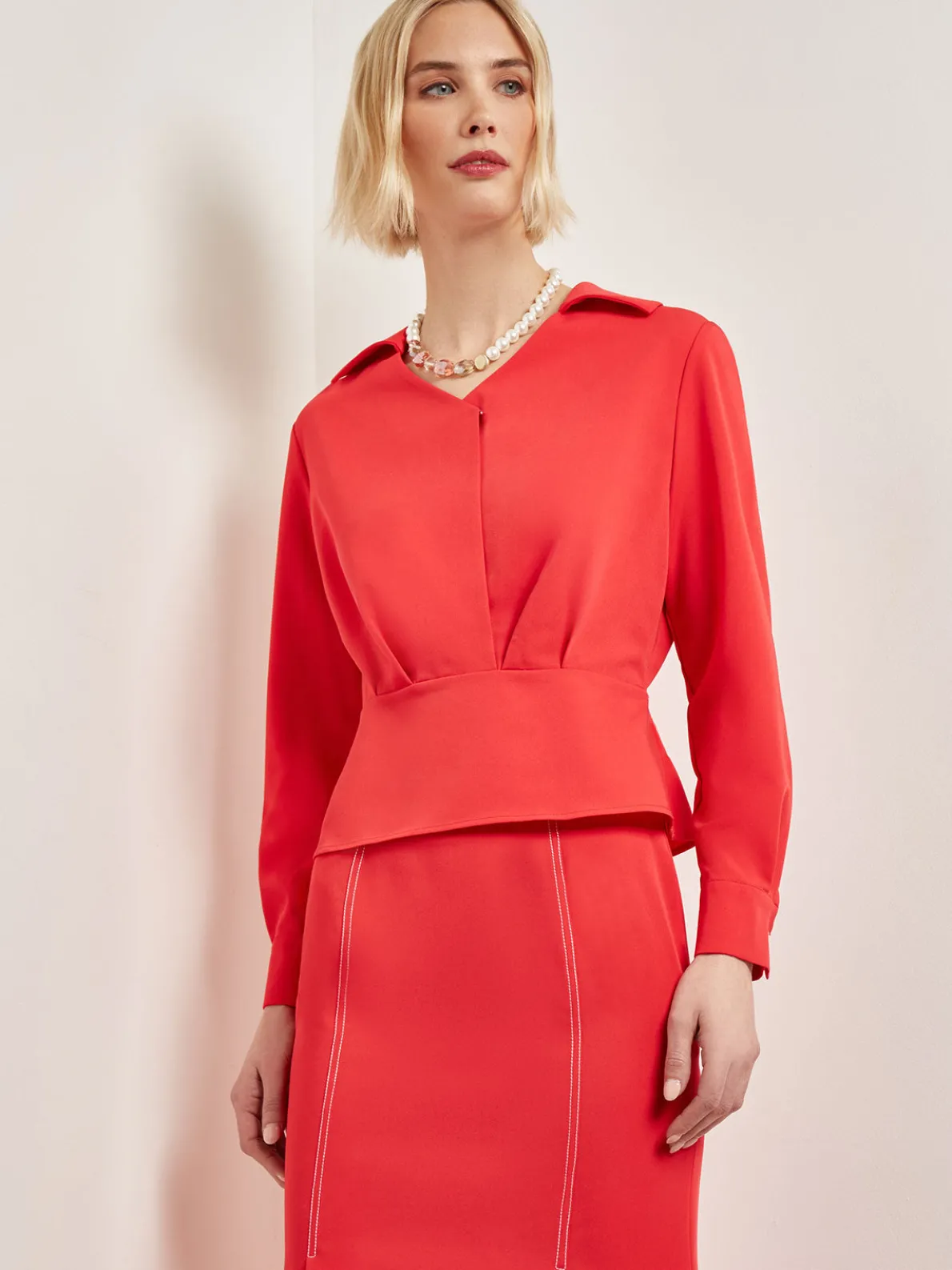 Collared Surplice Neck Blouse - Peplum Woven