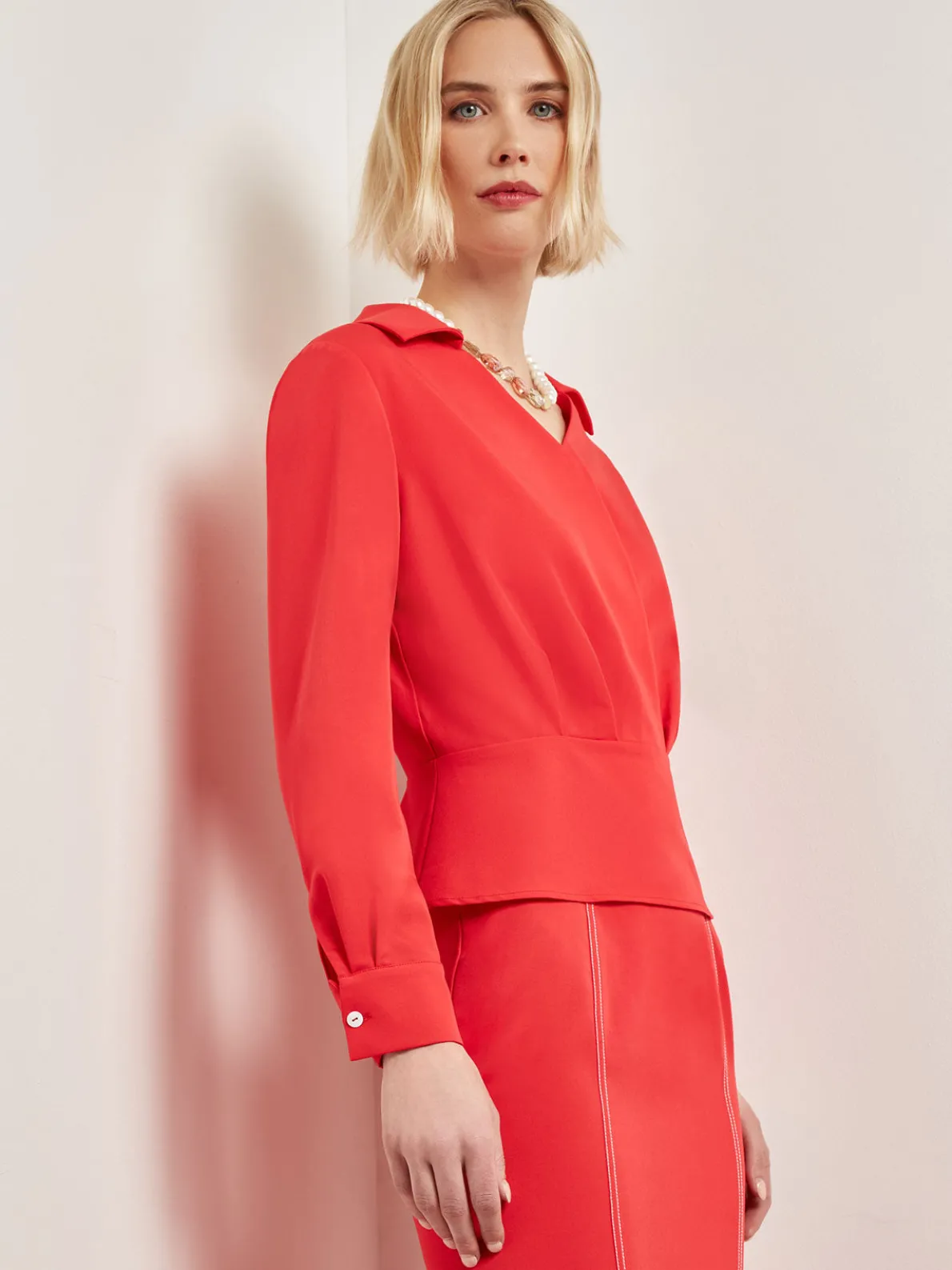 Collared Surplice Neck Blouse - Peplum Woven