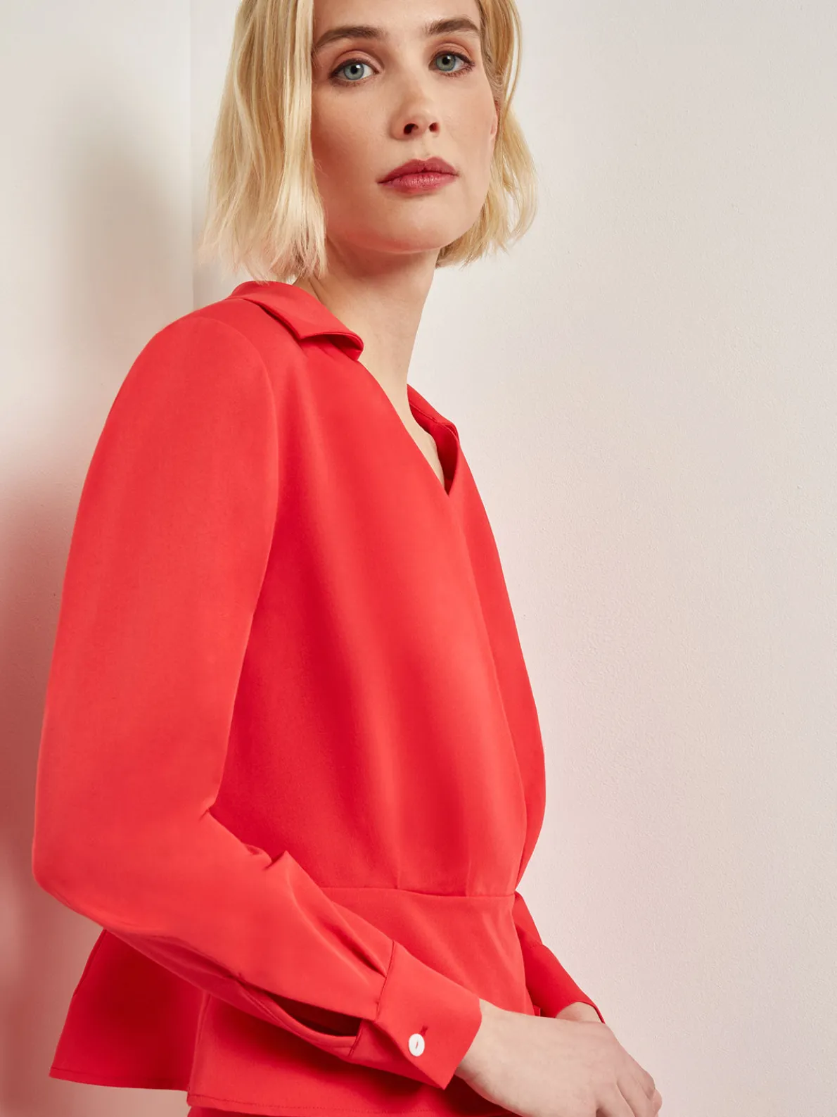 Collared Surplice Neck Blouse - Peplum Woven