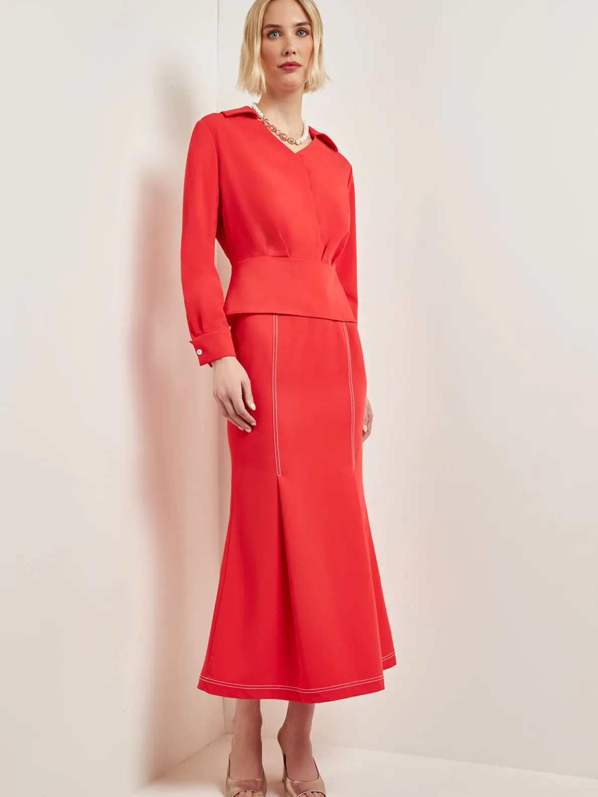 Collared Surplice Neck Blouse - Peplum Woven