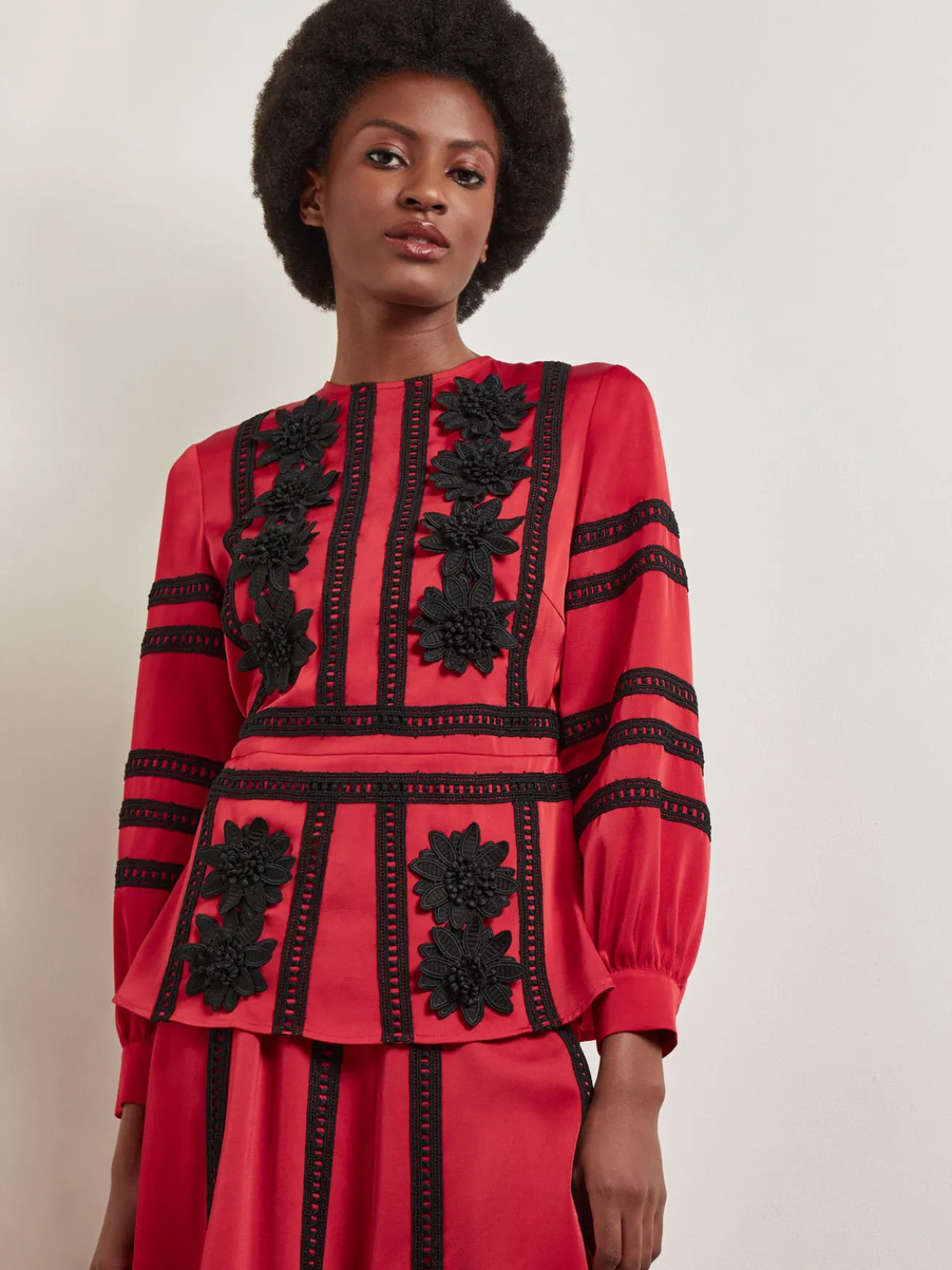 Crepe de Chine Floral Lace Peplum Blouse