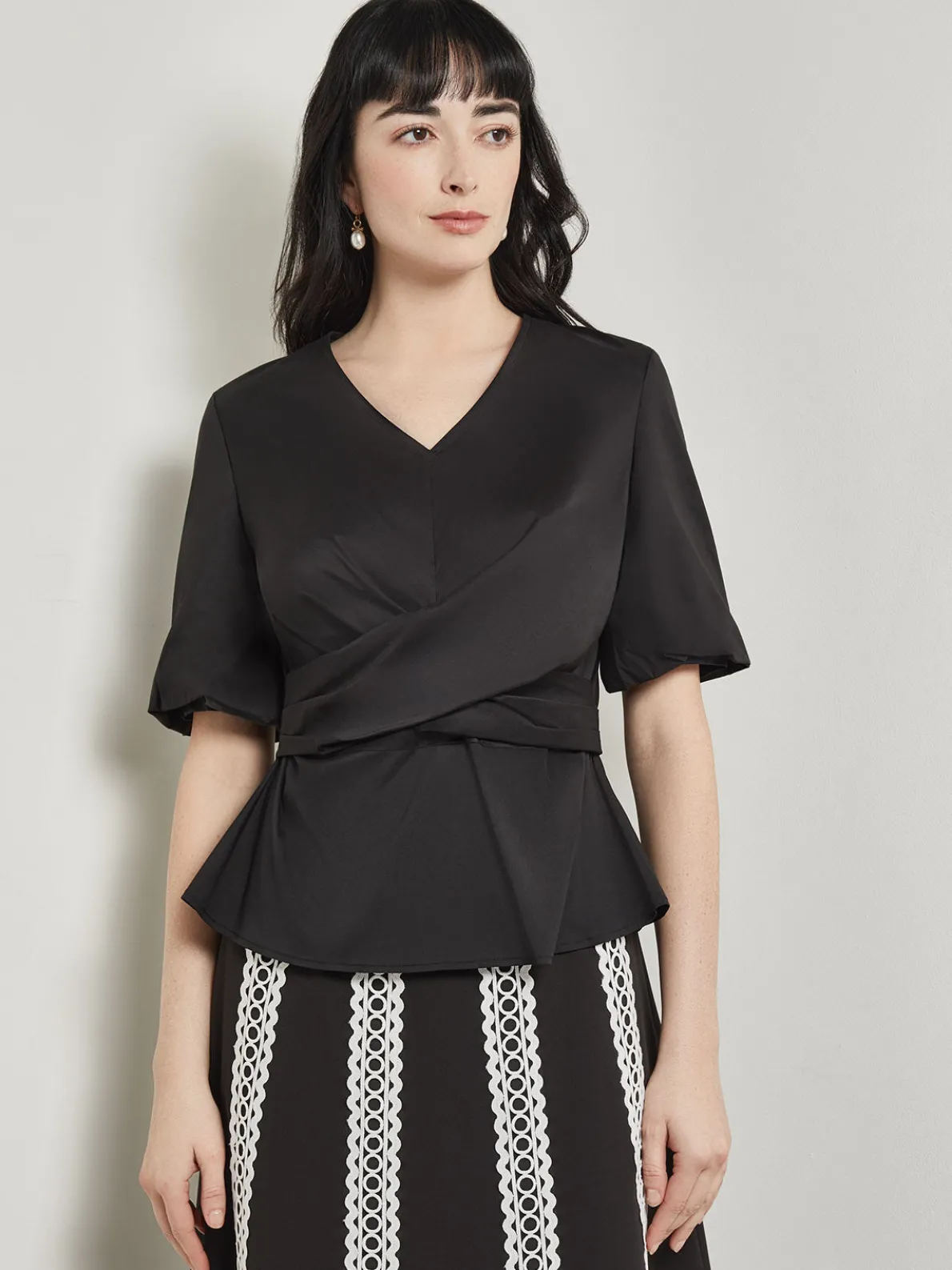 Crossover Peplum Blouse - Puff Sleeve Woven