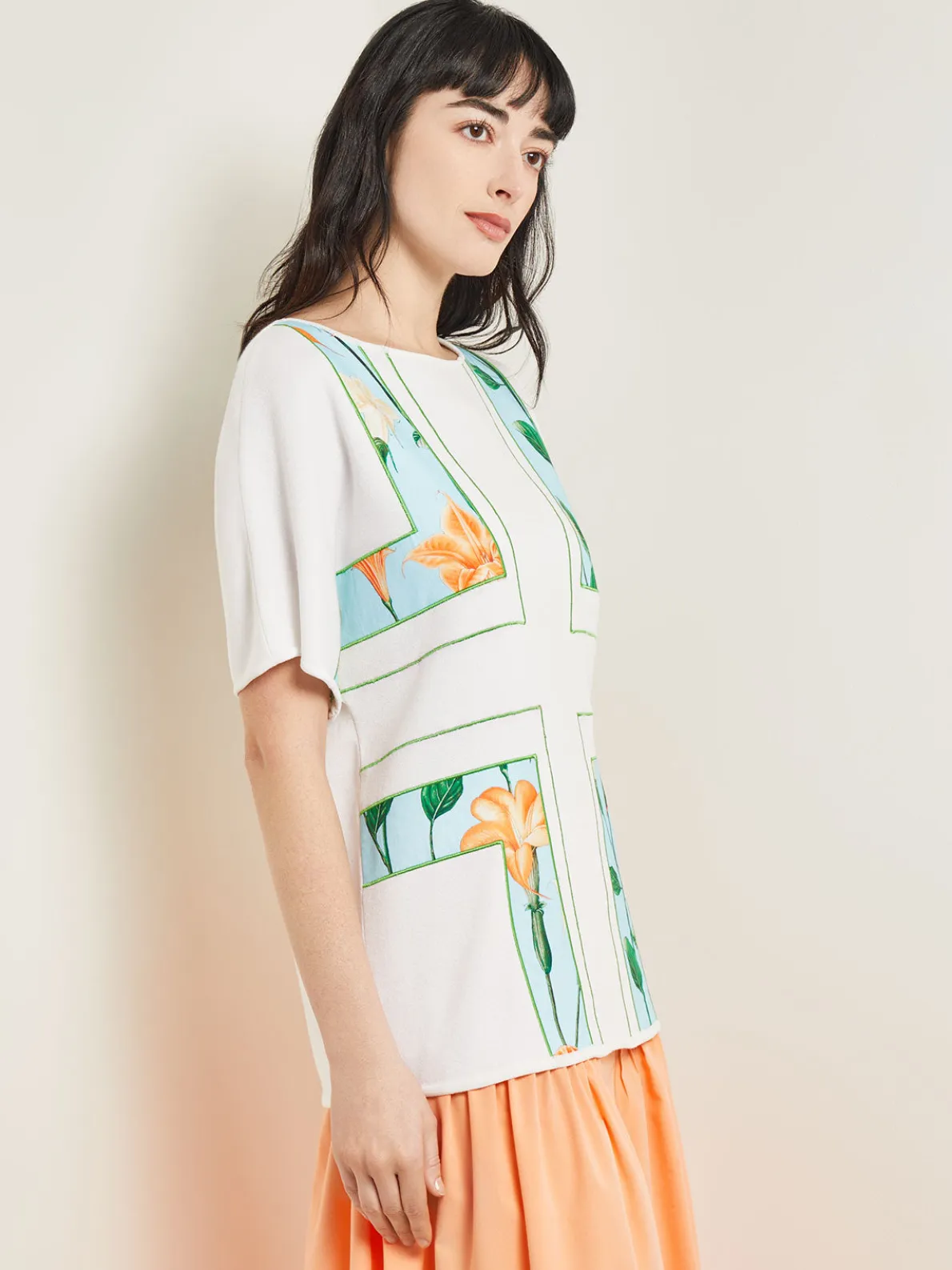 Dolman Sleeve Boat Neck Tunic - Cotton Floral Panel Soft Knit