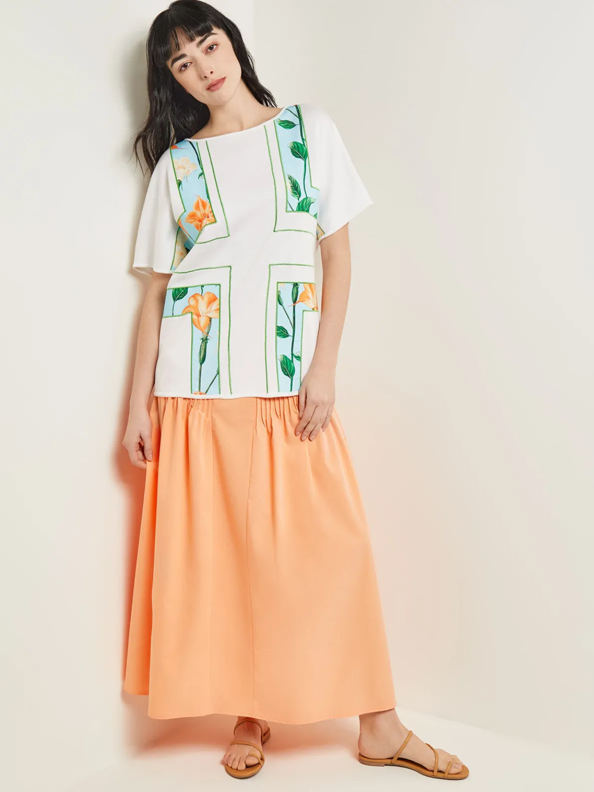 Dolman Sleeve Boat Neck Tunic - Cotton Floral Panel Soft Knit