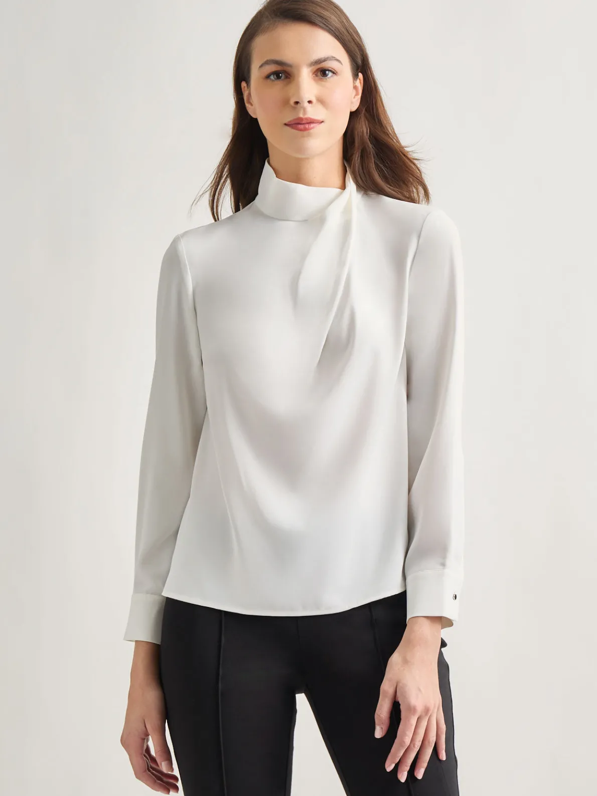 Draped Crepe de Chine Mock Neck Blouse