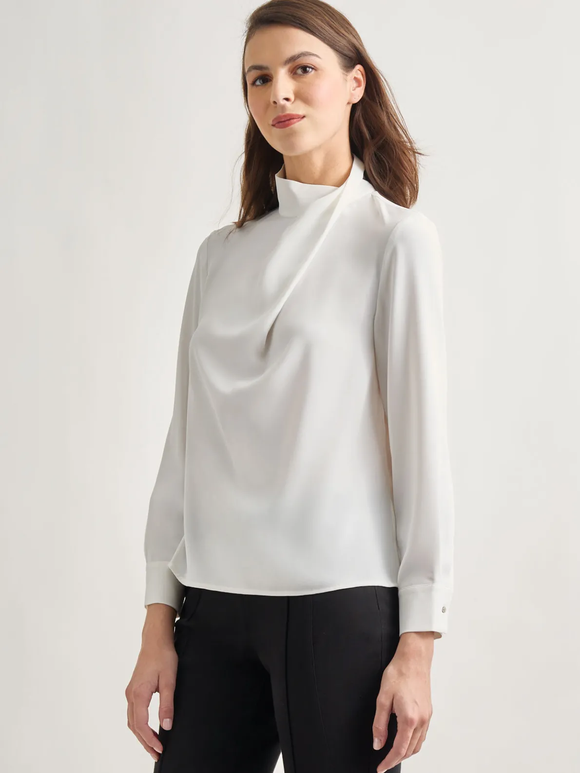 Draped Crepe de Chine Mock Neck Blouse