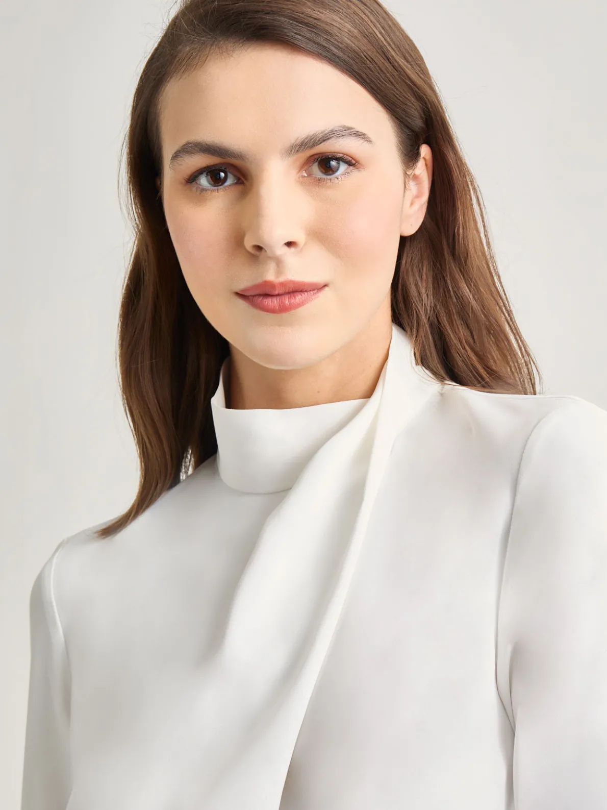 Draped Crepe de Chine Mock Neck Blouse