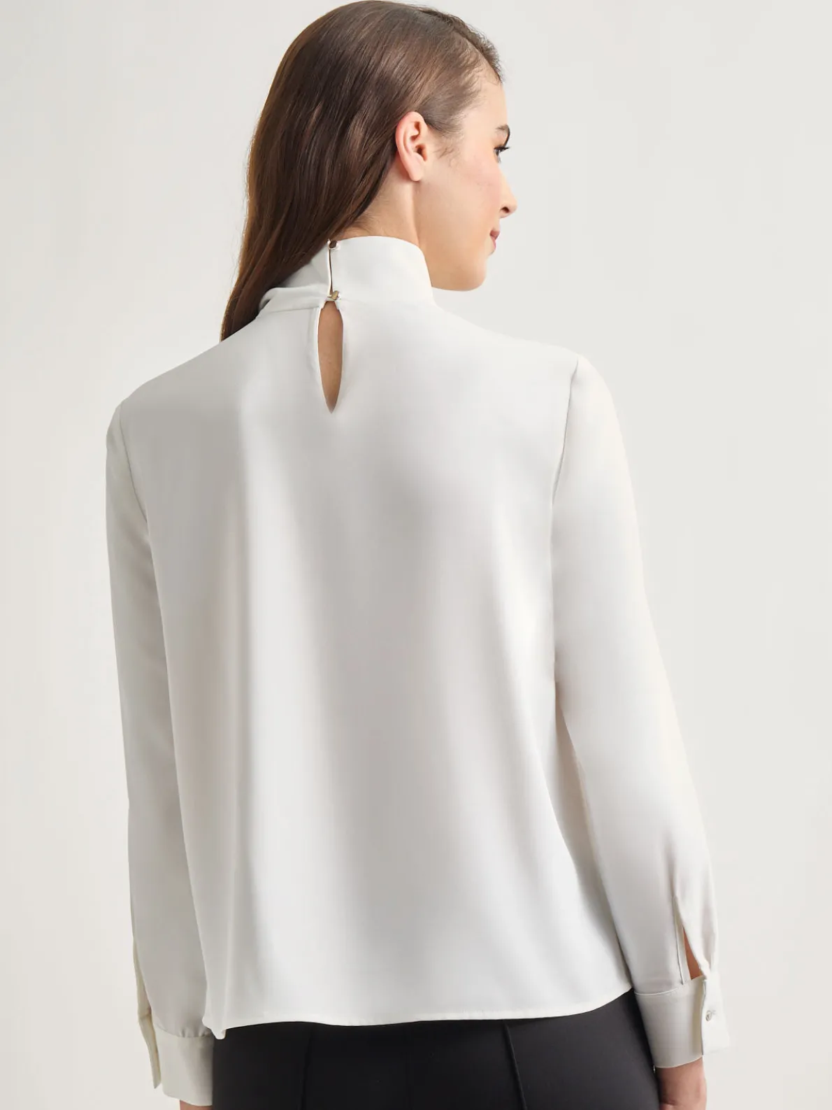 Draped Crepe de Chine Mock Neck Blouse