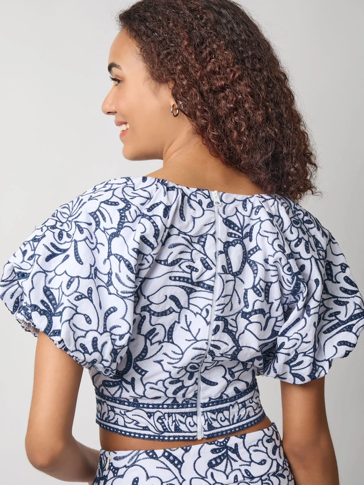 Embroidered Floral Cropped Cotton Blouse