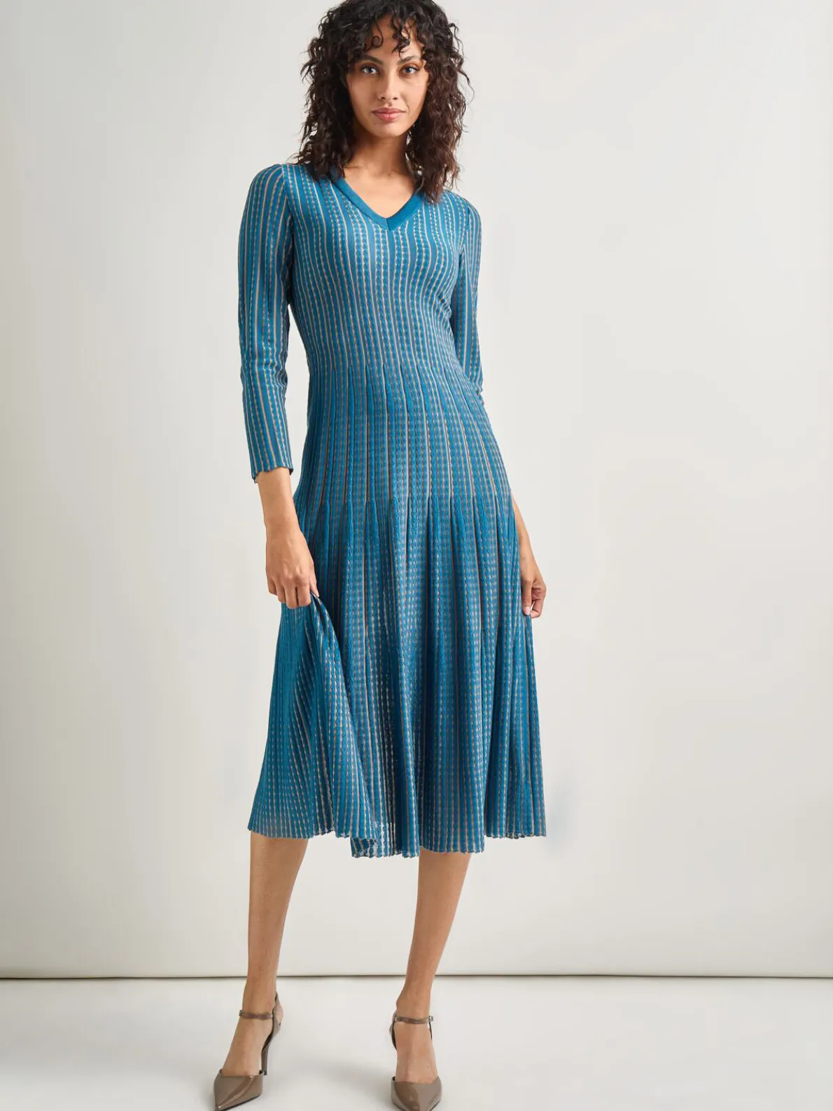 Fit-and-Flare Linear Textured Knit Midi Dress